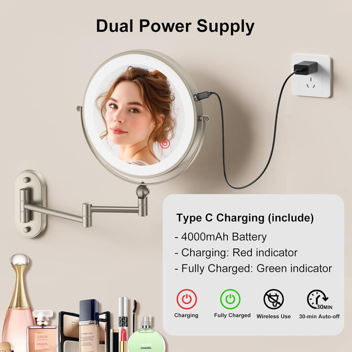9" Wall Mounted Lighted Makeup Mirror,4000Mah Rechargeable Double Sided 1X/10X Magnifying Mirror with Light,3 Color Lights,Touch Dimmable,Extended Arm 360 Rotation Wall Mounted Makeup Mirror