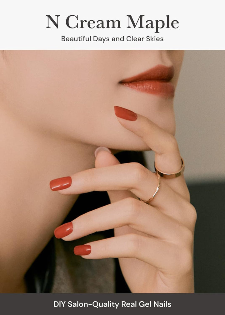 Semi Cured Gel Nail Strips (N Cream Maple) - Red, Solid, Works with Any UV/LED Lamps, Salon-Quality, Long Lasting, Easy to Apply & Remove - Includes 2 Prep Pads, Nail File & Wooden Stick