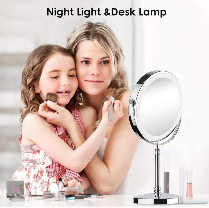 Lighted Makeup Mirror, 3000 Mah Rechargeable Double Sided Magnifying Vanity Mirror with 3 Colors, 1X/10X, 360° Rotation , Brightness Adjustable Magnification Cosmetic Light up Mirror, Women Gift