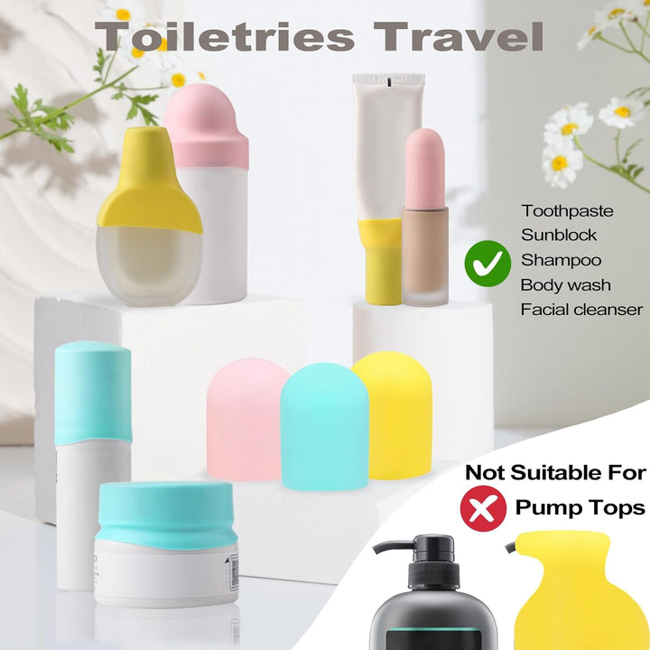 9 Pack Silicone Bottle Covers for Traveling, Airplane Travel Essentials for Women, Beach Vacation and Cruise Ship Travel Accessories, Travel Size Toiletries, Must Haves, Leak Proof