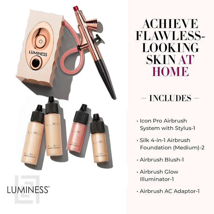 Air Icon Pro Airbrush System with 4-Piece Foundation Starter Kit, Medium Coverage - Quick, Easy & Long Lasting Application - Includes Silk 4-In-1 Foundation, Highlighter and Blush