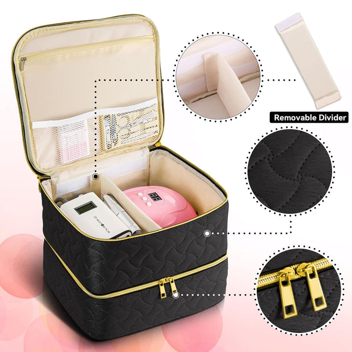 Nail Polish Organizer Case Holds 42 Bottles, Portable Double-Layer Nail Polish Storage Bag with Adjustable Dividers for Manicure Tools, Black