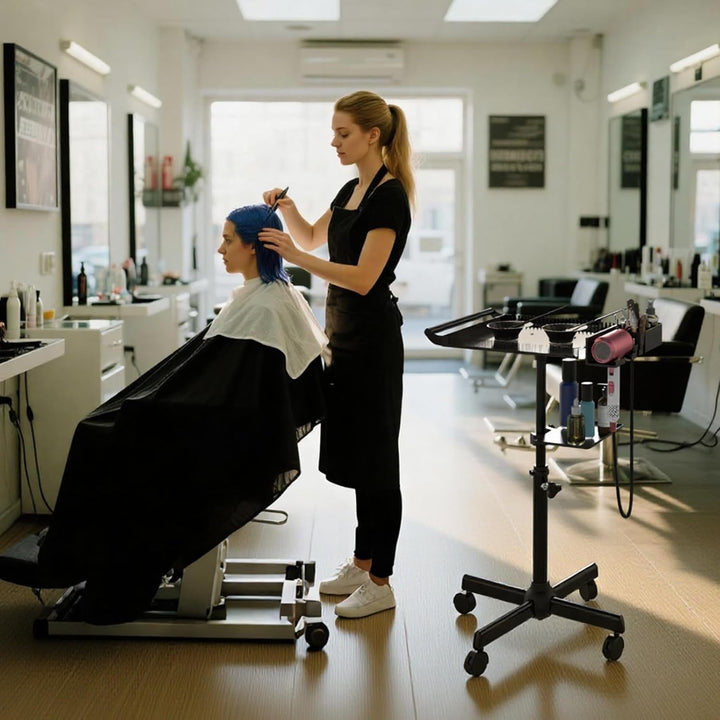 Hairstylist Tray on Wheels, Rolling Salon Tray with Holder and Hair Separator Stand, Salon Trolley Adjustable Tray with Storage Platform Dye Bowls and Tools for Hair Stylist