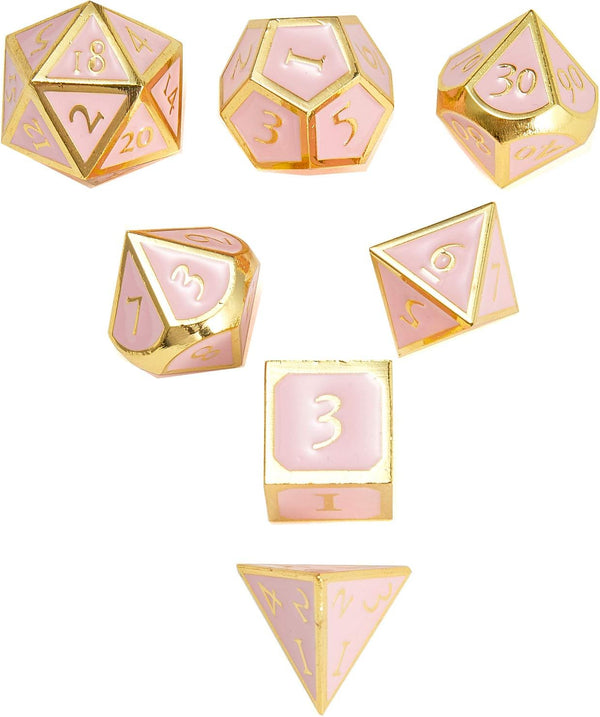 Polyhedral Metal Game Dice Cream Pink with Gold Trims 7Pc Set for Dungeons and Dragons RPG MTG Table Games D&D Pathfinder Shadowrun and Math Teaching