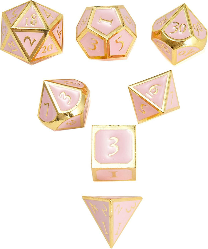 Polyhedral Metal Game Dice Cream Pink with Gold Trims 7Pc Set for Dungeons and Dragons RPG MTG Table Games D&D Pathfinder Shadowrun and Math Teaching