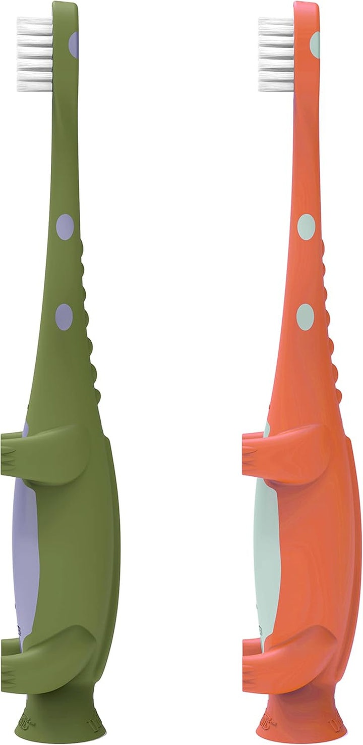 Toddler Toothbrush, Dinosaur, Green and Orange, 2-Pack