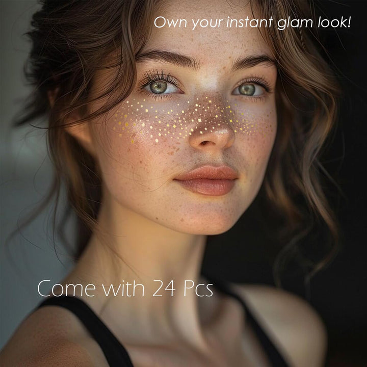 Glitter Freckles Face Tattoo - 24PCS Waterproof Gold Temporary Sparkle Patches for Women, Glow up Makeup (Gold)