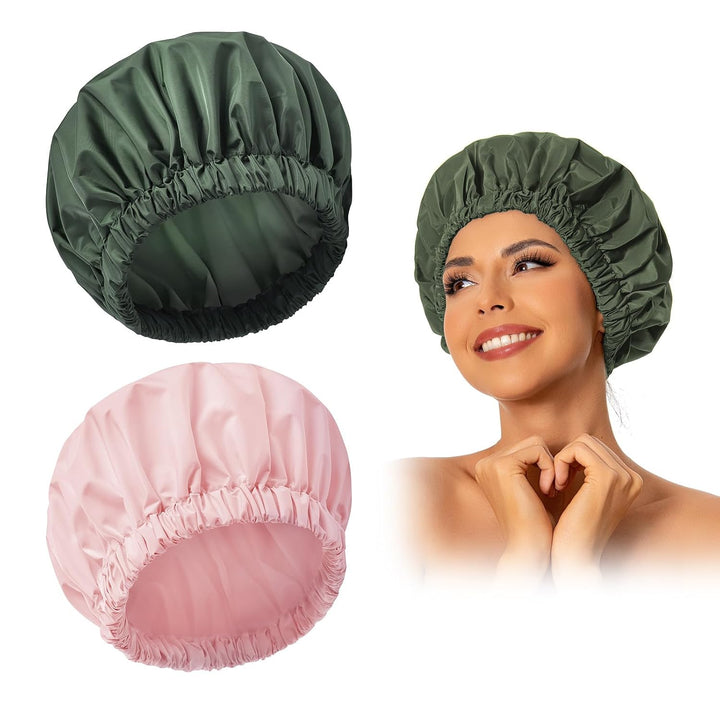 Reusable Shower Cap for Women, Large Waterproof Shower Bonnet Washable Elastic Band Bath Hair Hat for Long Hair, Braids(Green)