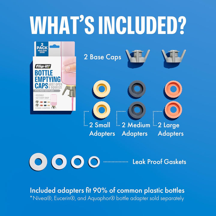 2-Pack Premium Bottle Emptying Kit – No More Wasted Product - Fits Most Plastic Bottles – Get Out Every Drop of Shampoos, Lotions, & More – 2 Base Caps, 6 Adapters – Pastel Color Edition