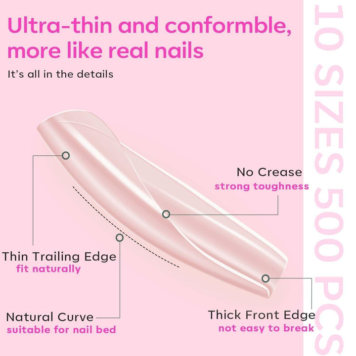 Gel Nail Kit, Fake Nails Long Coffin, 9-In-One Glue Prep Dehydrator & Portable Mini U V Light Acrylic Clipper, 500Pcs Coffin Tips for Extension Kit DIY Salon Home Gifts for Women