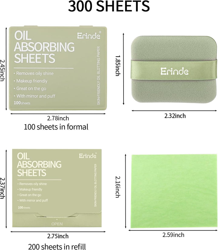Oil Blotting Sheets for Face with Mirror and Puff, 300 Sheets Oil Blotting Paper for Oily Skin, Face Oil Absorbing Sheet, Natural Oil Control Film, Absorb Excess Oil, Makeup Friendly