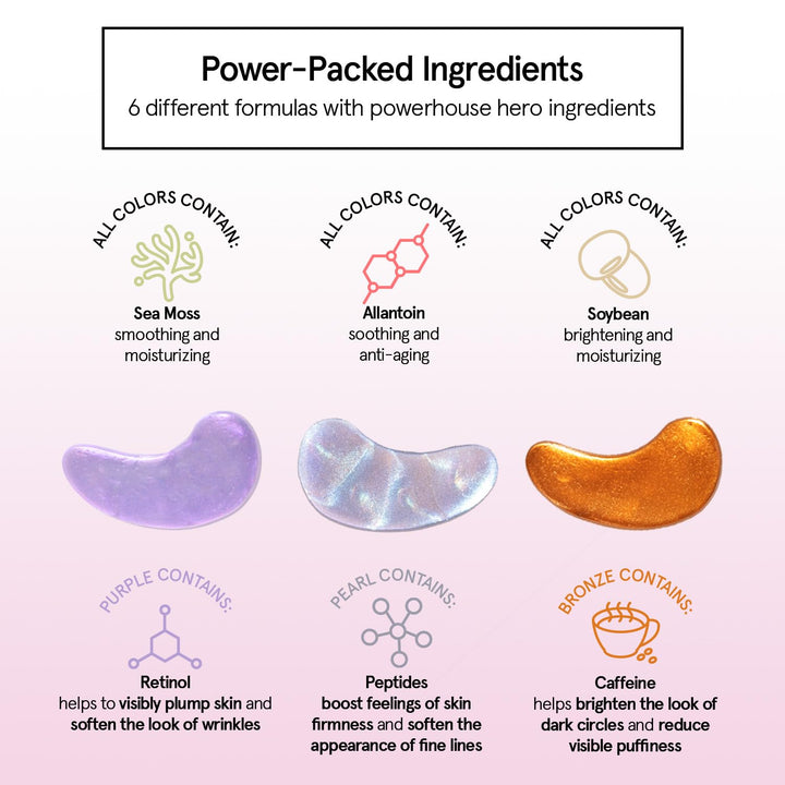 under Eye Mask Variety Pack - 18 Pairs of under Eye Patches for Dark Circles - with 6 Colors (3 Pairs/Color) - Gel Masks Puffy Eyes for Women - Vegan Cruelty Free Bridesmaid Gifts