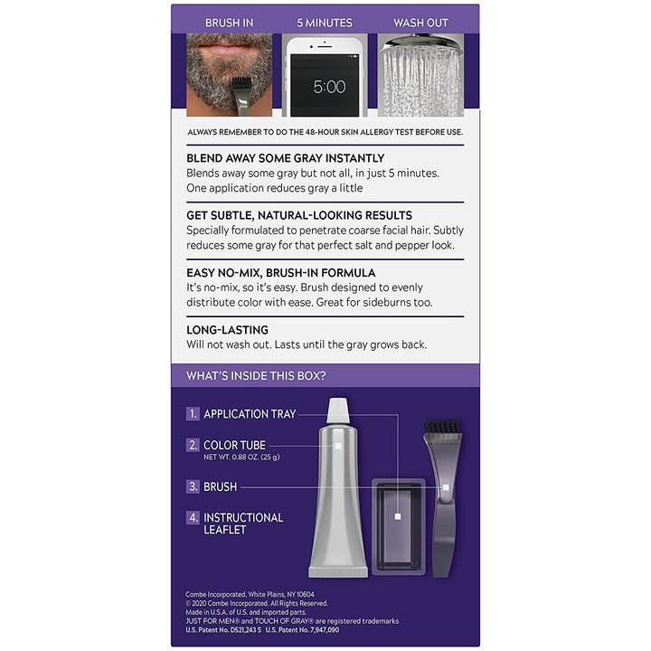 Touch of Gray Mustache & Beard, Beard Coloring for Gray Hair with Brush Included for Easy Application, Great for a Salt and Pepper Look - Dark Brown & Black, B-45/55, Pack of 1