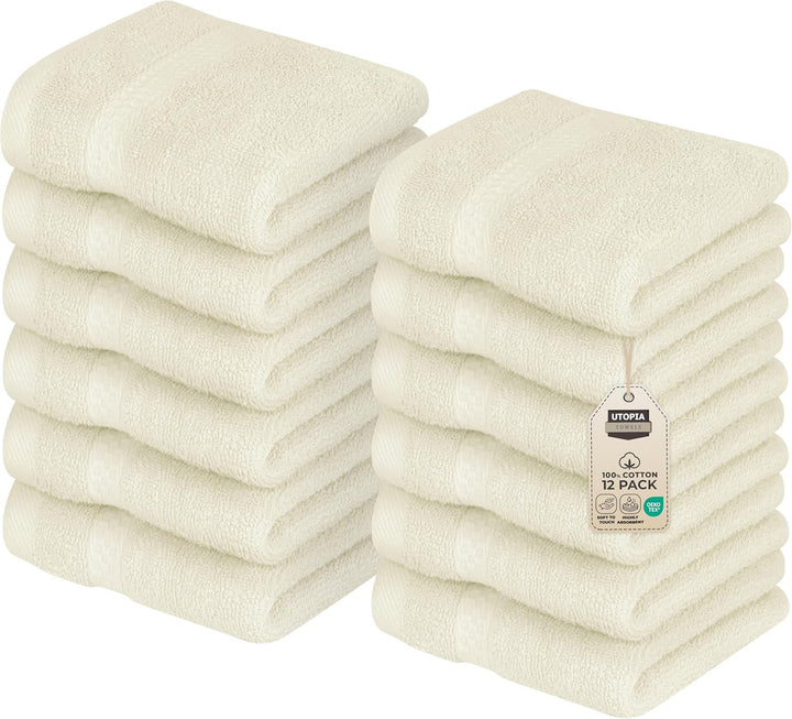 12 Pack Premium Wash Cloths Set, 12 by 12 Inches, 100% Cotton Ring Spun, Highly Absorbent and Soft Feel Essential Washcloths for Bathroom, Spa, Gym, and Face, Grey