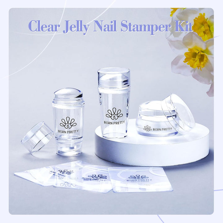 French Tip Nail Stamp, 6PCS Art Stamper with Scrapers, Silicone Stamping Long & Short Jelly Stamper Kit for French Manicure Home DIY Art Salon
