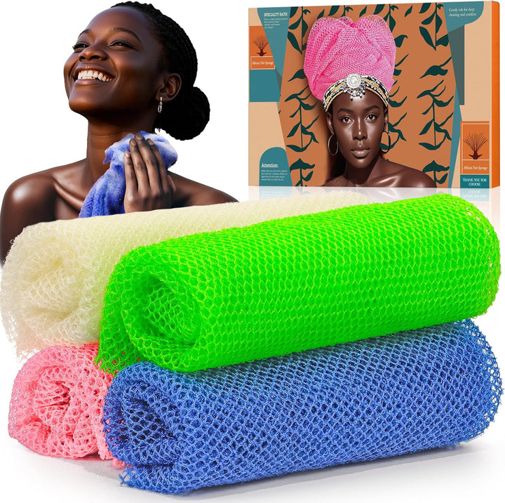 4 Pieces African Net Sponge – Premium African Net Sponge for Deep Exfoliation Quick-Dry and Reusable Mesh for Smooth Skin（Yellow Pink Purple Blue）