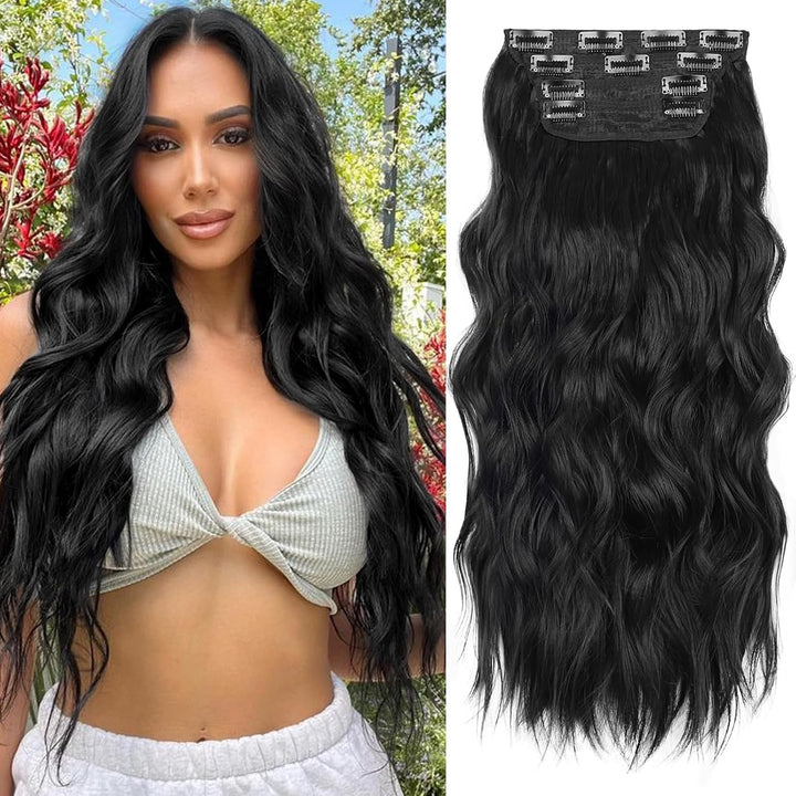 Clip in Long Wavy Synthetic Hair Extension 24 Inch Black 4PCS Thick Hairpieces Fiber Double Weft Hair for Women