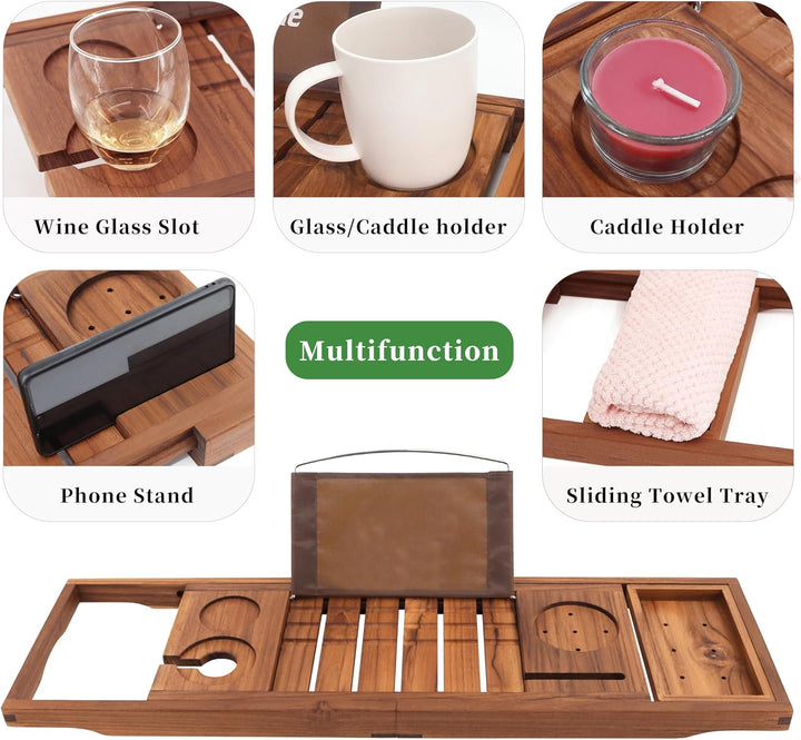 Premium Teak Bathtub Tray, Expandable Wooden Bath Tray for Tub, Luxury Bathtub & Bathroom Accessories, Great House Warming, Anniversary & Wedding and Birthday Gifts (Free Teak Body Brush)