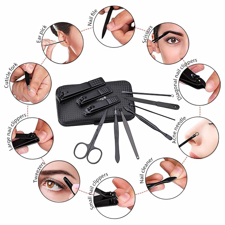 Manicure Set Nail Clippers Kit Professional Stainless Steel Nail Care Tools with Leather Travel Case 10 in 1 Black