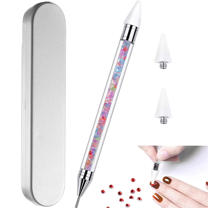Nail Rhinestone Picker Dotting Tool with Extra 2 Wax Head, Dual-Ended DIY Nail Art Tool with Pink Acrylic Handle
