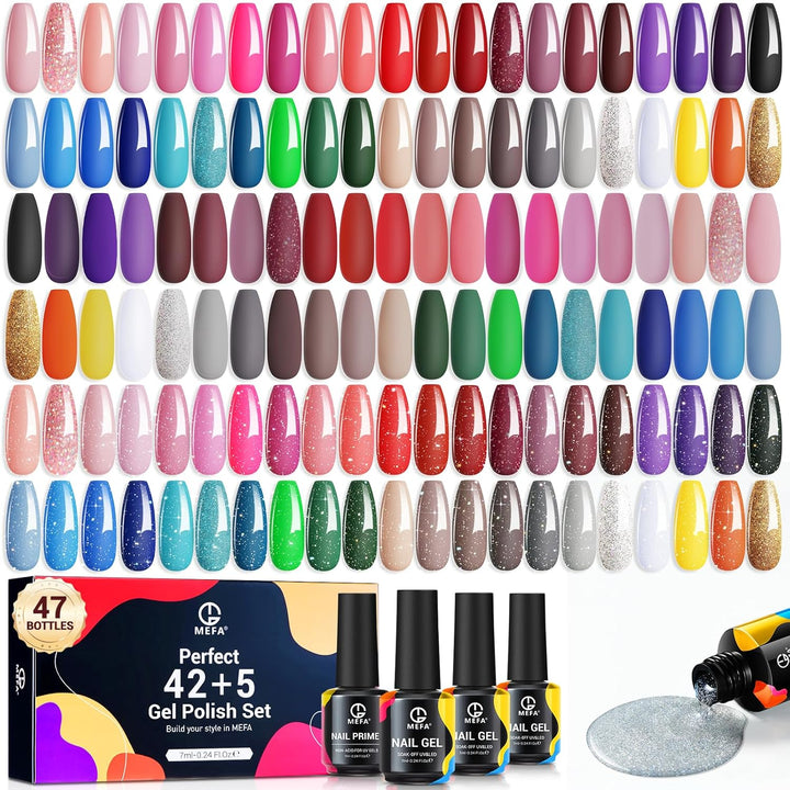 42 Colors Gel Nail Polish Kit with U V Light, 59 Pcs All Seasons Collection Colorful Gel Polish Essential Set with 5 Psc Matte/Glossy Base Top Coat, Salon Gifts for Women
