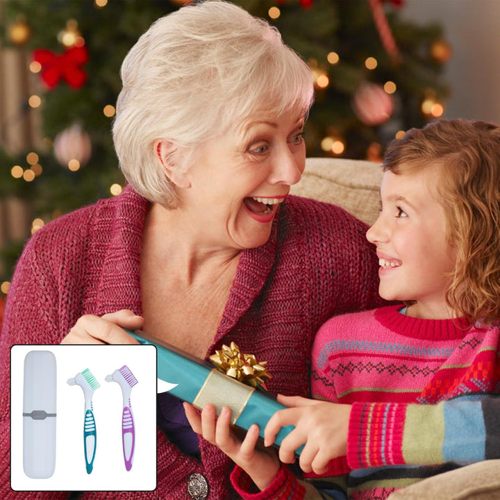 2Pcs Denture Brush False Teeth Toothbrush with 1 White Carrying Case, Effective Denture Cleaning Brush with Multi-Layered Soft Bristles,Green and Purple