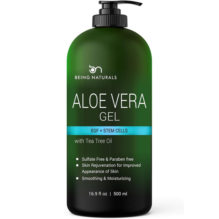 Aloe Vera Gel - from 100% Pure Organic Aloe Infused with Manuka Honey, Stem Cell, Tea Tree Oil - Natural Raw Moisturizer for Face, Body, Hair. Perfect for Sunburn, Acne, Razor Bumps 16.9 Fl Oz
