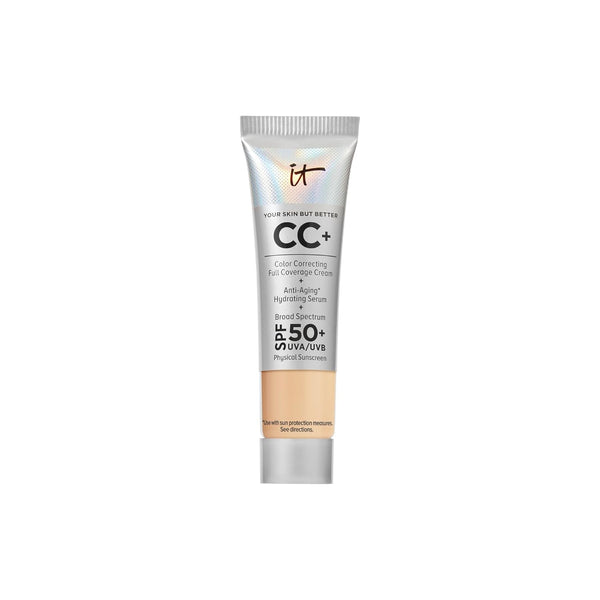 IT Cosmetics CC+ Cream Travel - Natural Full Coverage Foundation with SPF 50+, Color Corrector & Anti-Aging Hydrating Serum, Hyaluronic Acid + Peptides, up to 24H Wear, All Skin Types- 0.4 Fl Oz