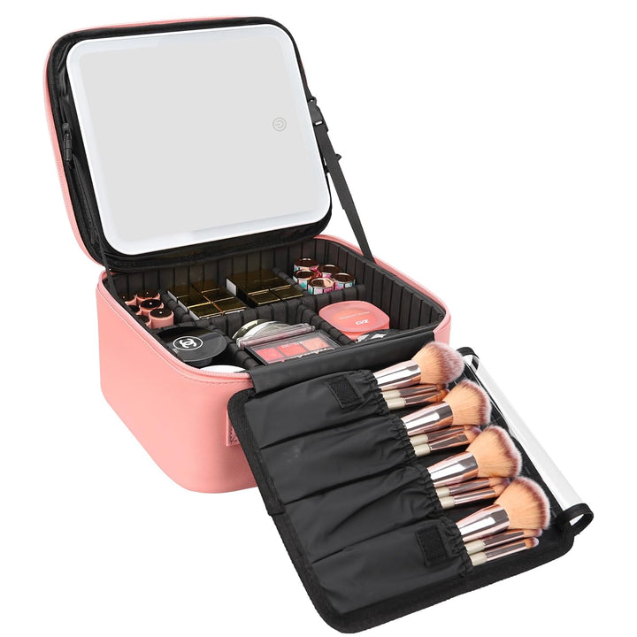 Travel Makeup Bag with LED Mirror, Cosmetic Train Case with Light up Mirror, Portable Makeup Artist Organizer Bag with Adjustable Dividers, Makeup Brush Holder Storage, Black