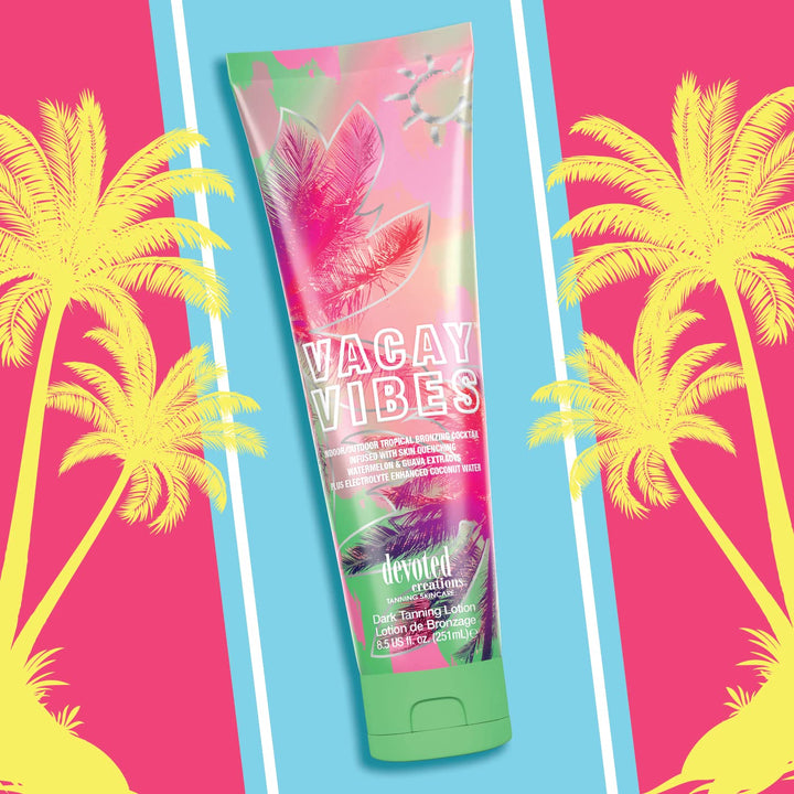 Vacay Vibes Tanning Lotion – Indoor/Outdoor Tropical Bronzing Cocktail Infused with Skin Quenching Watermelon and Guava Extracts, plus Electrolyte Enhanced Coconut Water – 8.5 Oz.