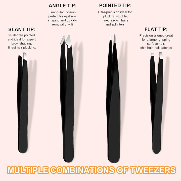 Tweezers Set,9 Pcs Professional Stainless Steel Tweezer Kit-Great Precision Eyebrow Tweezers for Ingrown Facial Hair with Leather Travel Case as Stocking Stuffing Gifts