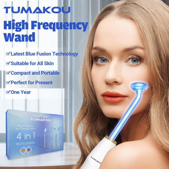 High Frequency Facial Device -  Blue High Frequency Facial Wand - Portable High Frequency Machine with 4 Fusion Neon + Argon Wands
