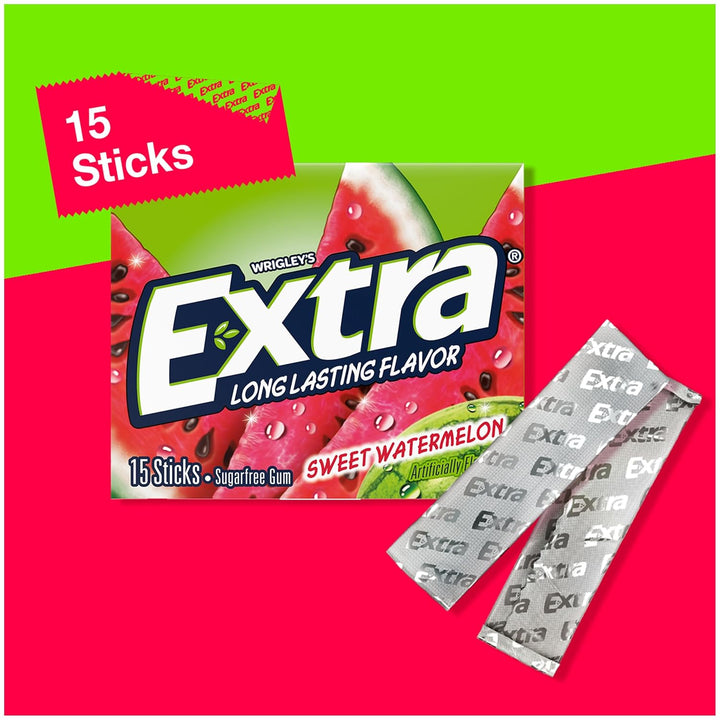 Gum Sweet Watermelon Sugarfree, Bulk, Individually Wrapped, Long-Lasting Juicy Watermelon Flavor, Perfect for Fresh Breath at School, Work, and Travel 15 Count, Pack of 10