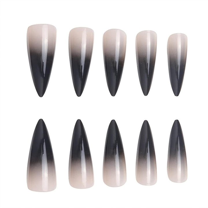Stiletto Press on Nails Extra Long Fake Nails with Glue Glossy False Nails with Black Gradient Designs Full Cover Almond Acrylic Nail 24Pcs