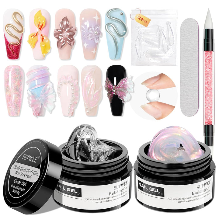 3D Nail Art Gel Clear and White Solid Builder Gel for Nails Non-Stick Hand Sculpture Hard Gels with Dual Form for Carving Patterns Decoration Nail Art Home Manicure DIY for Women