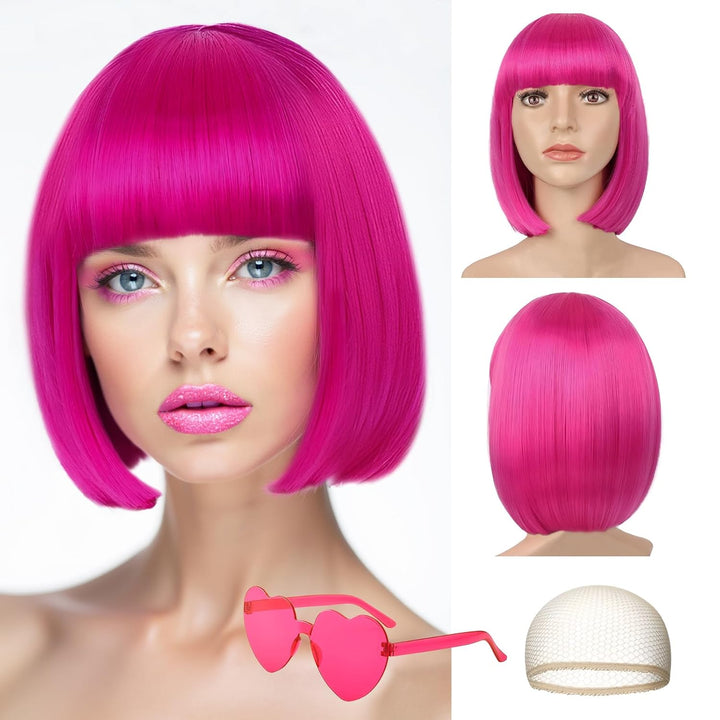 Short Bob Hair Wigs Straight with Flat Bangs Synthetic Colorful Cosplay Daily Party Neon Wig for Women + Free Wig Cap 14" Natural as Real