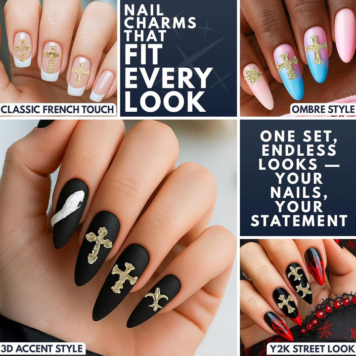 100 Pcs Gold Cross Nail Charms and Gems – 3D Gold Nail Charms Crosses, Made from Acrylic & Metal Alloy for Y2K DIY Designs – Durable and Easy-To-Apply Accessories for Creative Eye-Catching Manicures