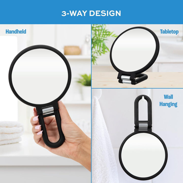 Premium Magnifying Handheld Mirror, 1X/15X Magnification Hand Mirror, Folding Adjustable Handle, for Makeup, Travel, Black