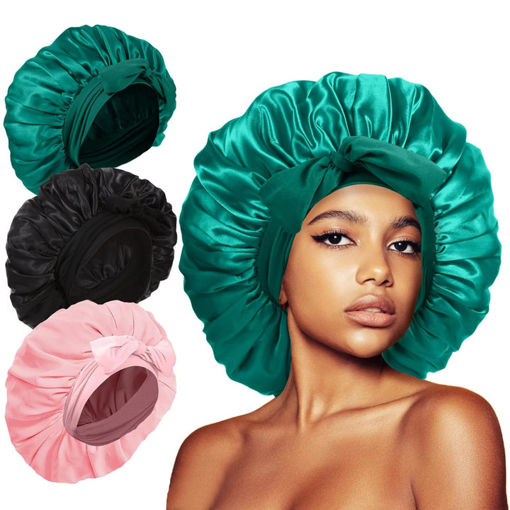 3Pcs Bonnets for Sleeping, Extra Satin Silk Bonnet for Sleeping Women with Tie Band for Curly Hair Jumbo Bonnet Braids