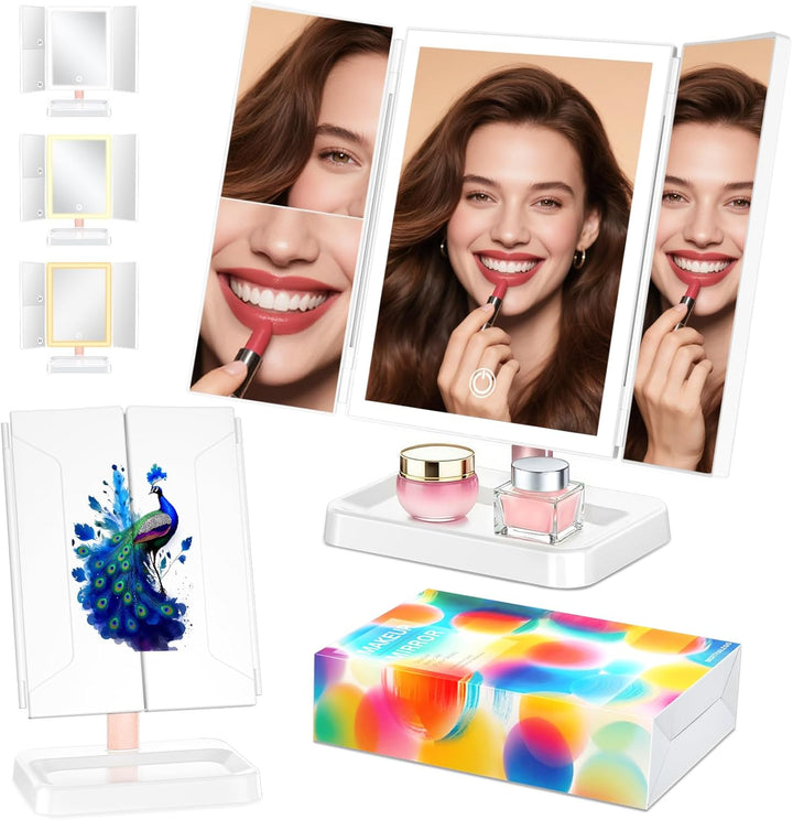 For Mom Makeup Mirror Vanity Mirror with Lights, 14.4" L X 9.1" W Rechargeable Lighted Mirror with 1X 2X, 3X, Magnification, Tap to Glow