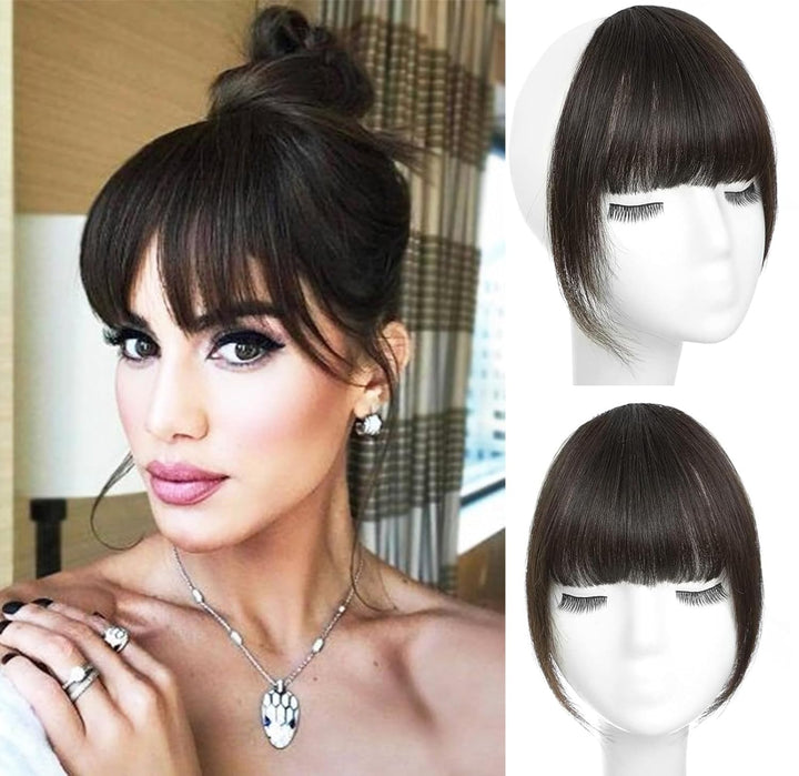 Clip in Bangs Real Human Hair Clip on Wispy Bangs Fringe with Temples Hairpieces Fake Front Bangs Extensions for Women Dark Brown Color
