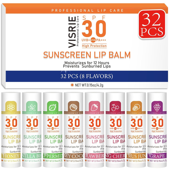 SPF 30 Lip Sunscreen, SPF Lip Balm Travel Size 16 Pack, Hydrating Lip Balm Bulk with Vitamin E and Coconut Oil- 8 Flavors