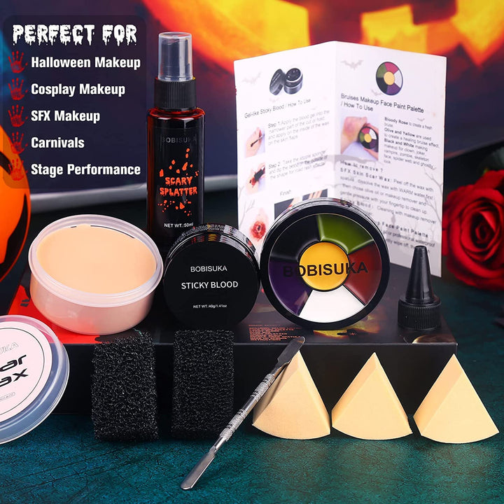 Demonic Special Effects SFX Halloween Makeup Kit - 5 Colors Bruise Makeup Face Body Painting Palette + Scar Wax with Spatula Tool + Fake Blood Splatter Spray + Fake Blood Cream +Stipple Spong