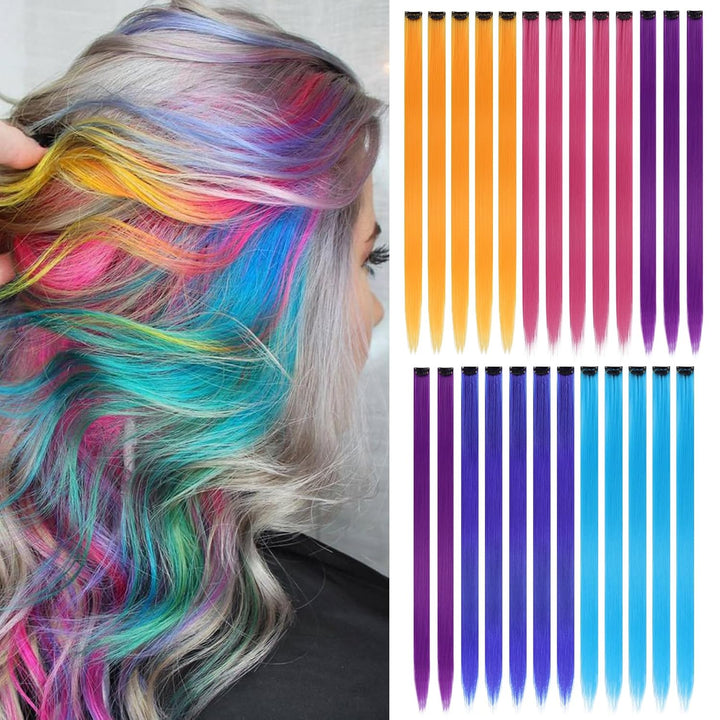 12PCS Colored Purple Hair Extensions Clip in Colorful Hair Extensions 22 Inch Rainbow Hair Extensions for Kids Women'S Gifts Blue Hair Extensions (22Inch,Purple)
