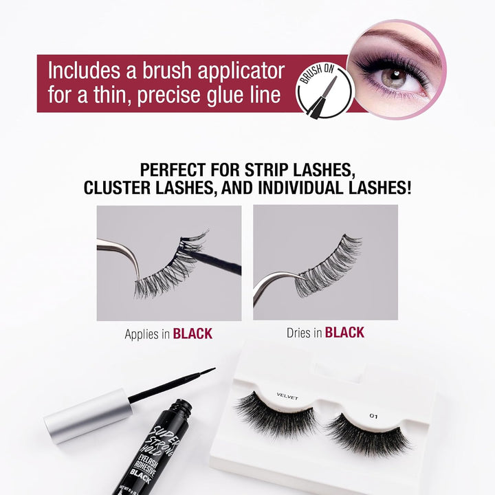 Super Strong Hold Eyelash Adhesive, Waterproof, 48-Hour Long-Lasting Lash Glue, Latex-Free, Hypoallergenic, Quick-Drying with Brush-On Applicator for Strip Lashes (Black, 1 Pack)