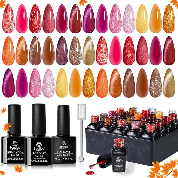 Vivid Seasons, Fall Gel Nail Polish Set, 36 Colors Yellow Burgundy Purple Pink Jelly Shades, 45Pcs with Base & Top Coat, UV LED Soak off DIY Salon Set, Gift for Women & Girls