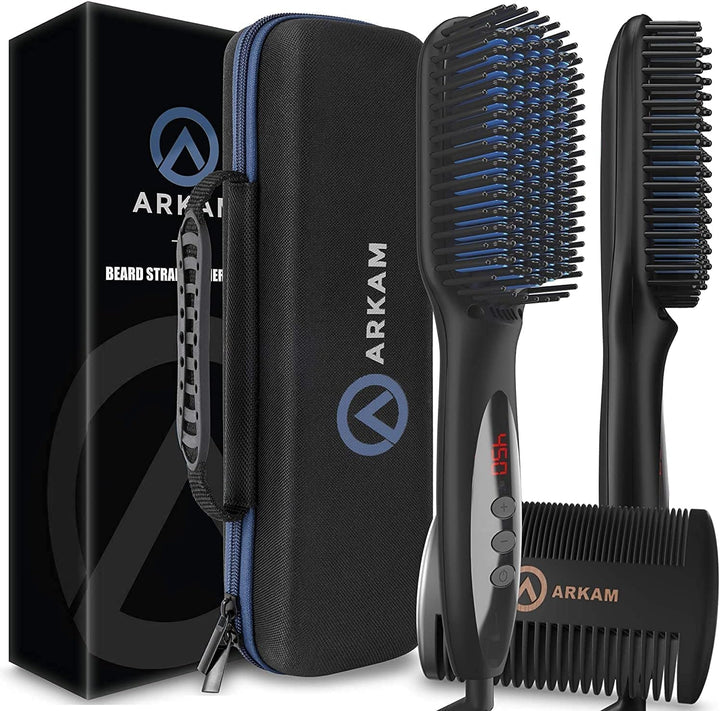Beard Straightener for Men -Premium Heated Beard Brush Kit W/Anti-Scald Feature, Dual Action Hair Comb and Hard Shell Travel Case for Medium to Long Beards - Costume and Grooming Gifts for Men
