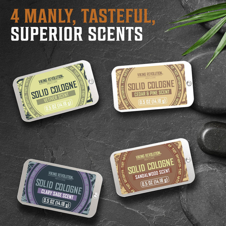 4 Pack Mens Solid Colognes 0.5 Oz - Men Solid Perfume with Cedar Wood, Clary Sage, Vetiver, Sandalwood Cologne for Mens - Travel Cologne Wax Gifts for Men