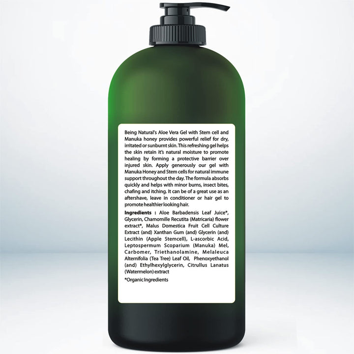 Aloe Vera Gel - from 100% Pure Organic Aloe Infused with Manuka Honey, Stem Cell, Tea Tree Oil - Natural Raw Moisturizer for Face, Body, Hair. Perfect for Sunburn, Acne, Razor Bumps 16.9 Fl Oz