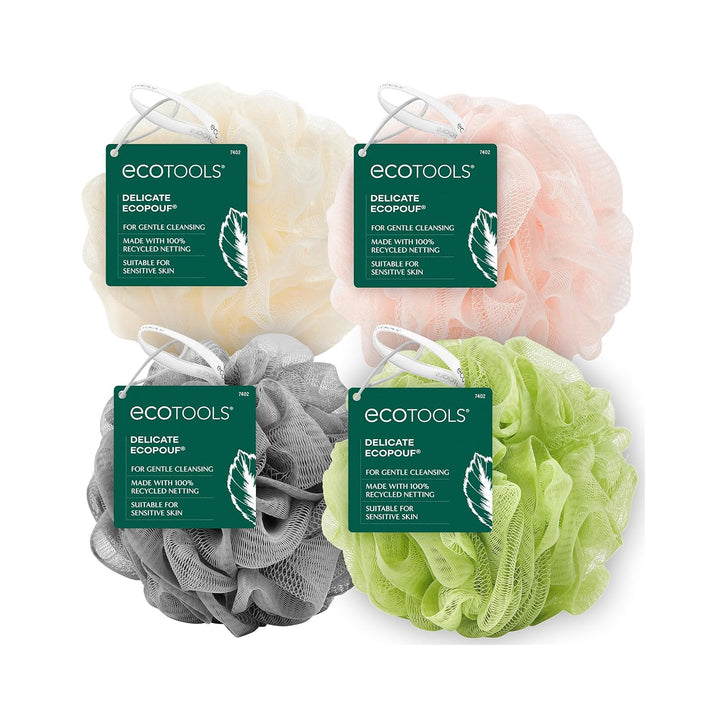 Delicate Ecopouf 4 Pack, Loofah Sponge for Bath & Shower, Recycled Netting, Gentle Exfoliation, Pouf for Body Wash, Eco-Friendly Bath Accessory, Cruelty-Free, Color May Vary, (60G Each)